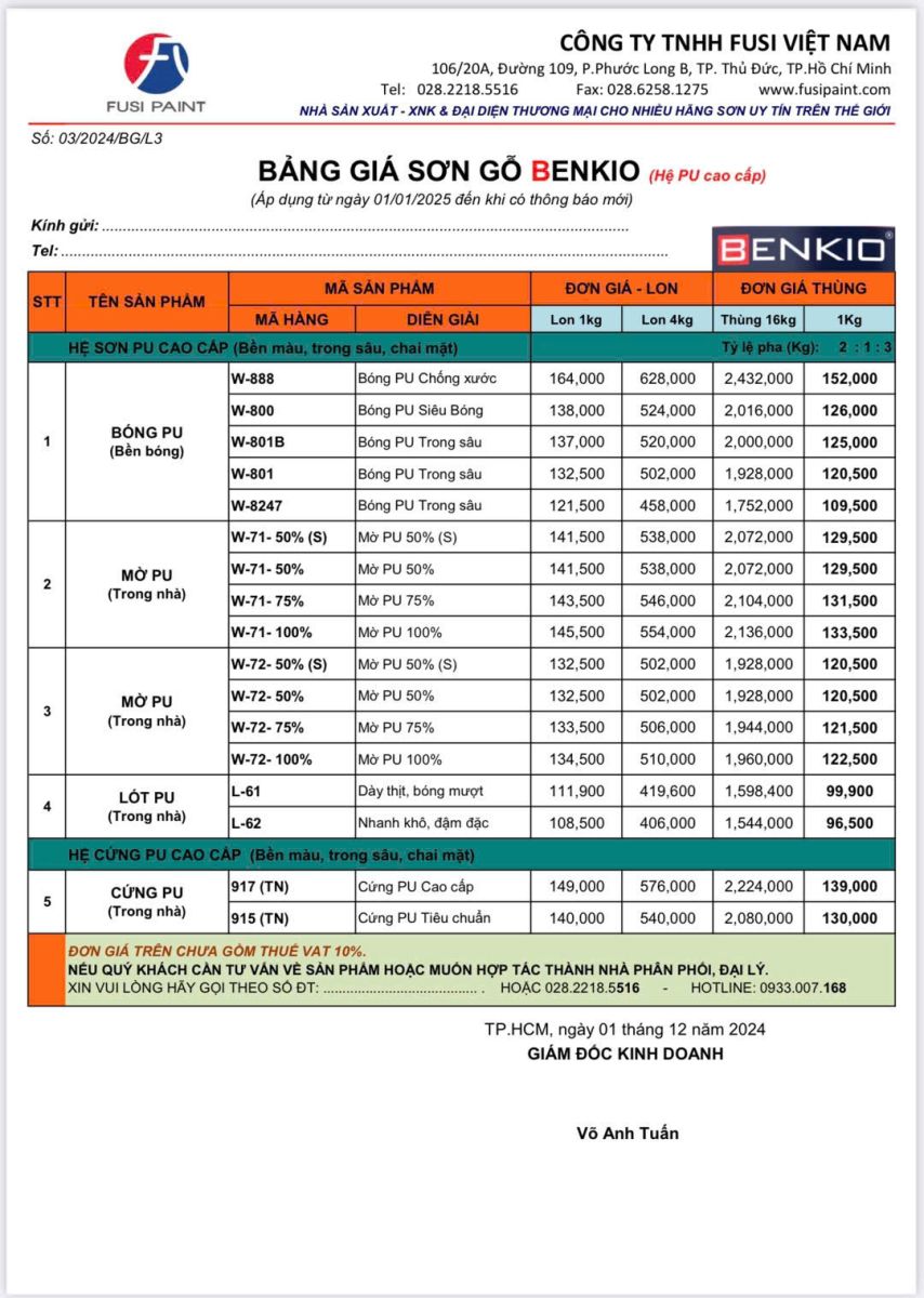 bảng giá sơn benkio