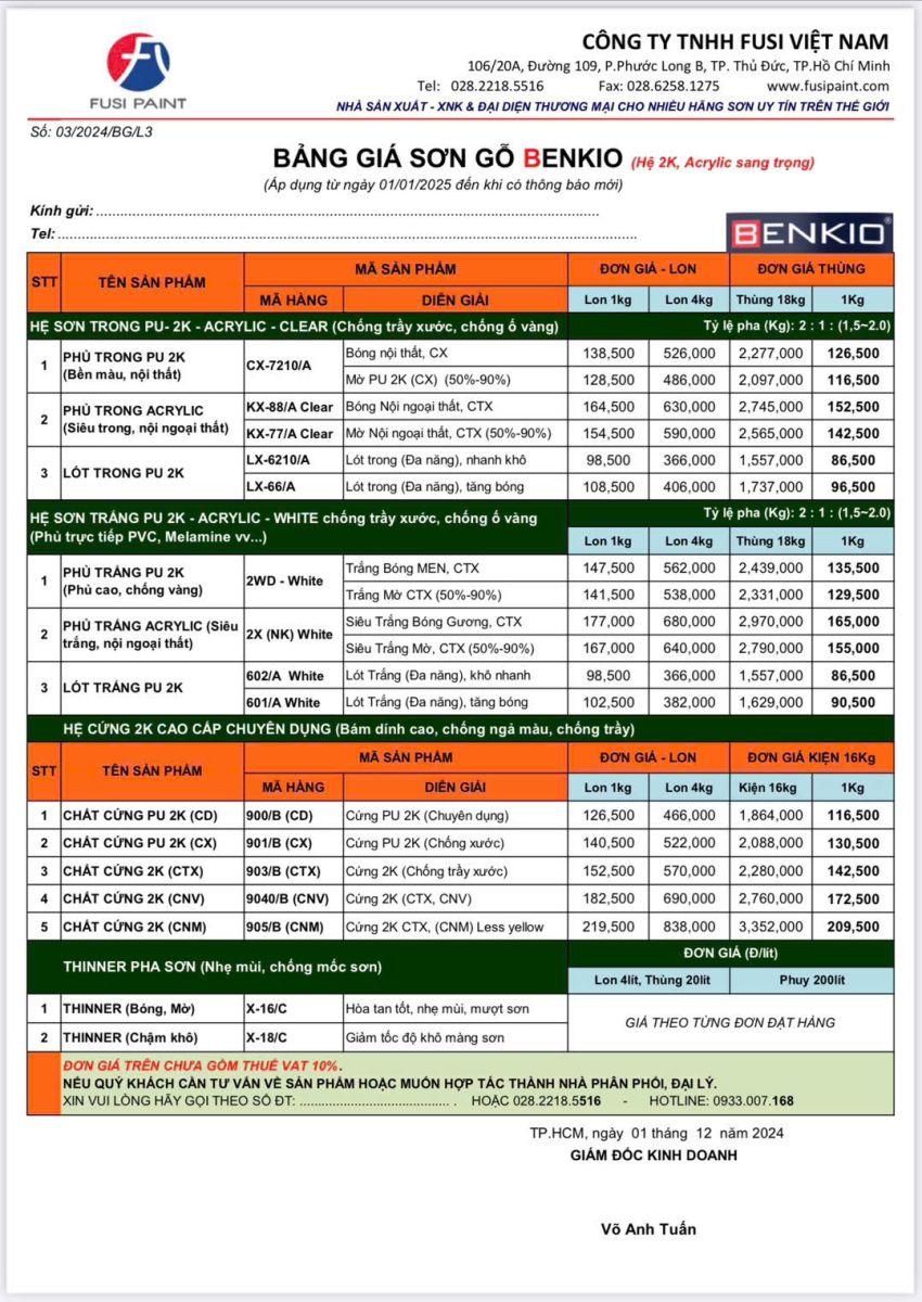 bảng giá sơn benkio